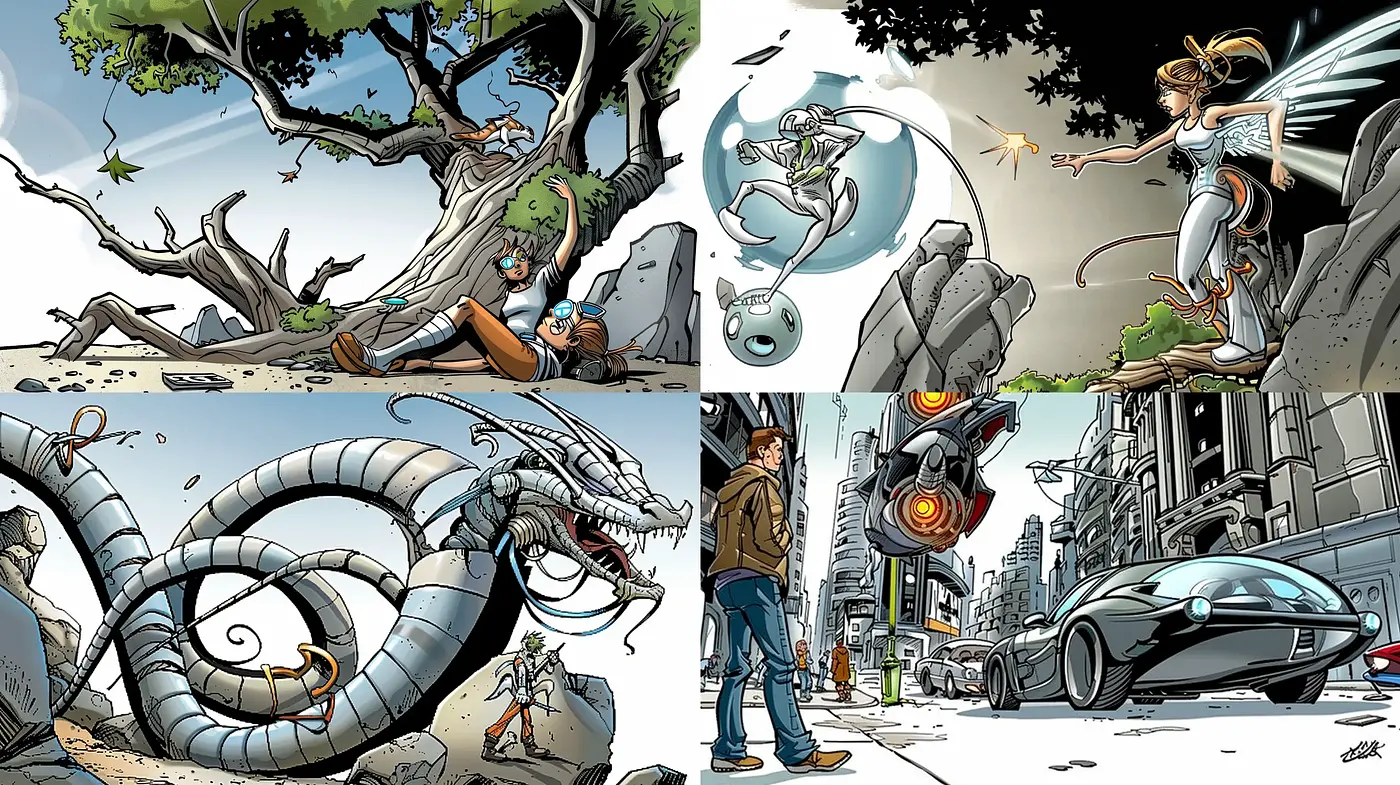 Dynamic Comic Book Action Scenes with Vibrant Tones and Crisp Line Work - Midjourney sref style