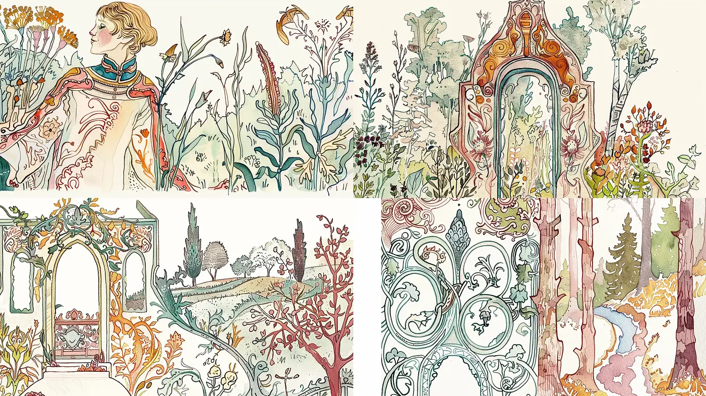 Whimsical Botanical Illustration with Art Nouveau Inspirations - Midjourney sref style