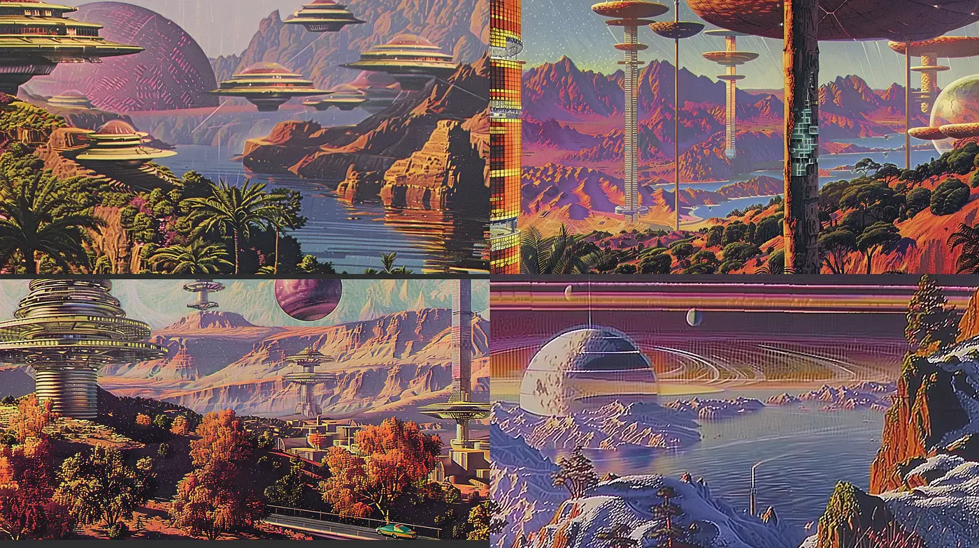 Retro-futuristic Dreamscape with a Touch of Art Deco Elegance - Midjourney sref style