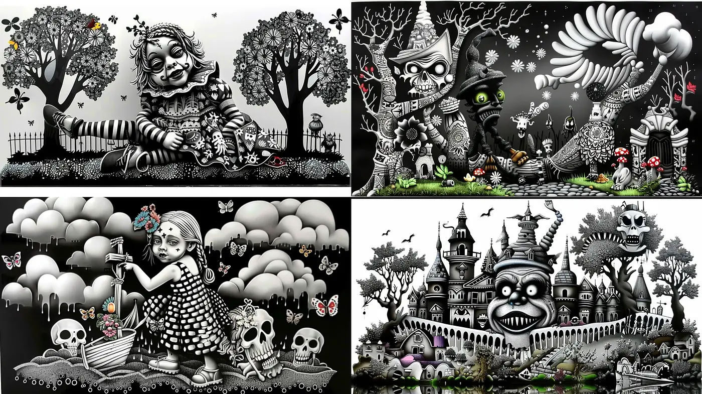 Monochromatic Whimsy: A Fusion of Gothic and Storybook Illustration - Midjourney sref style