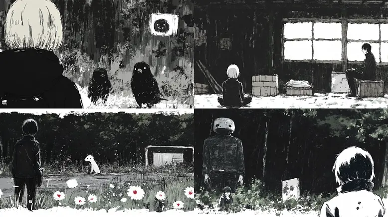 Darkly atmospheric illustrations with a blend of existential themes and striking simplicity