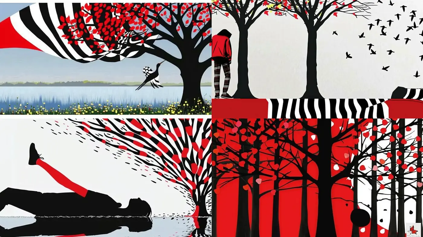 Stylized Dichromatic Dreamscape with Silhouetted Nature Motifs - Midjourney sref style