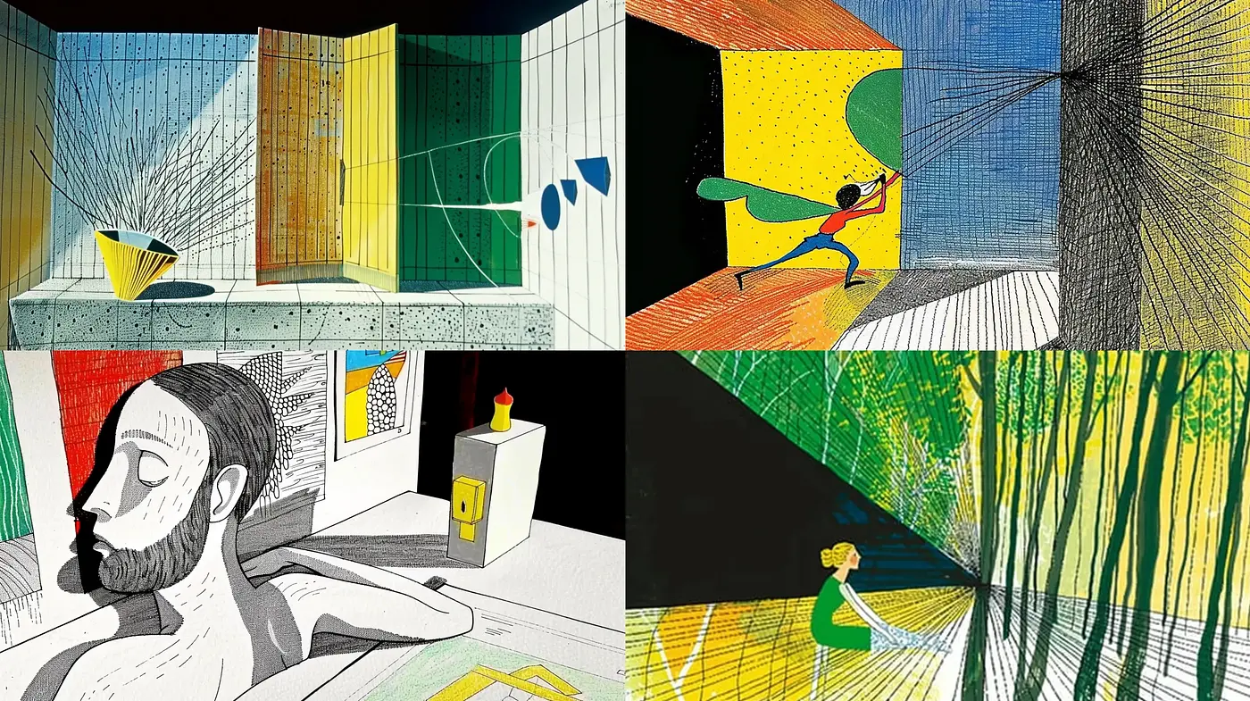Luminous Crosshatch Vignettes in a Multicolored Ensemble - Midjourney sref style