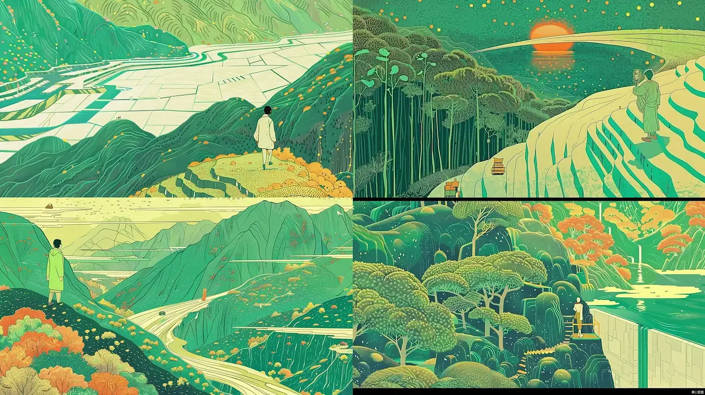 Harmonious Landscapes in a Vibrant Green Palette - Midjourney sref style