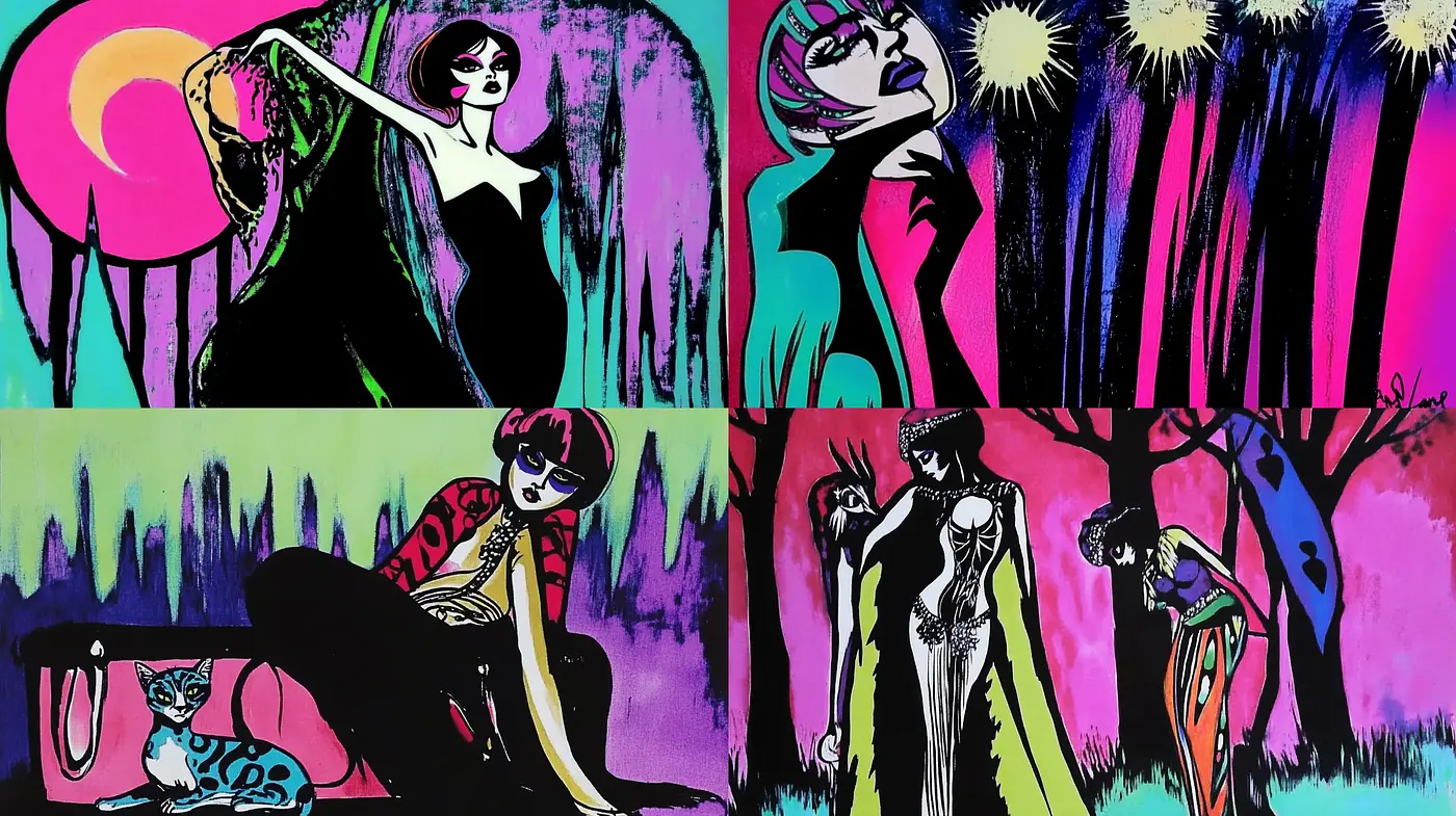 Psychedelic Silhouettes Against Lurid Landscapes - Midjourney sref style
