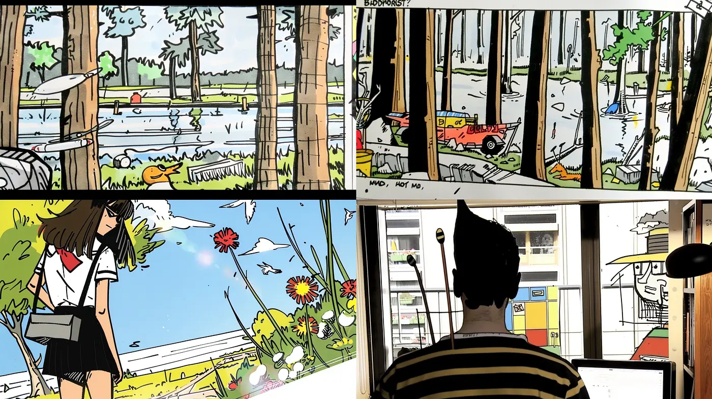 Consistent Comic Book Charm with Expressive Ink Outlines and Vibrant Hues - Midjourney sref style
