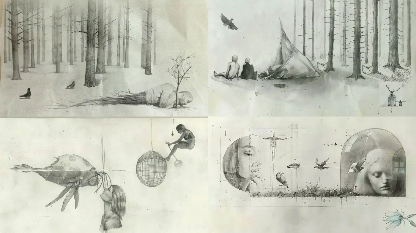 Monochromatic Dreamscape Pencil Sketches - Midjourney sref style