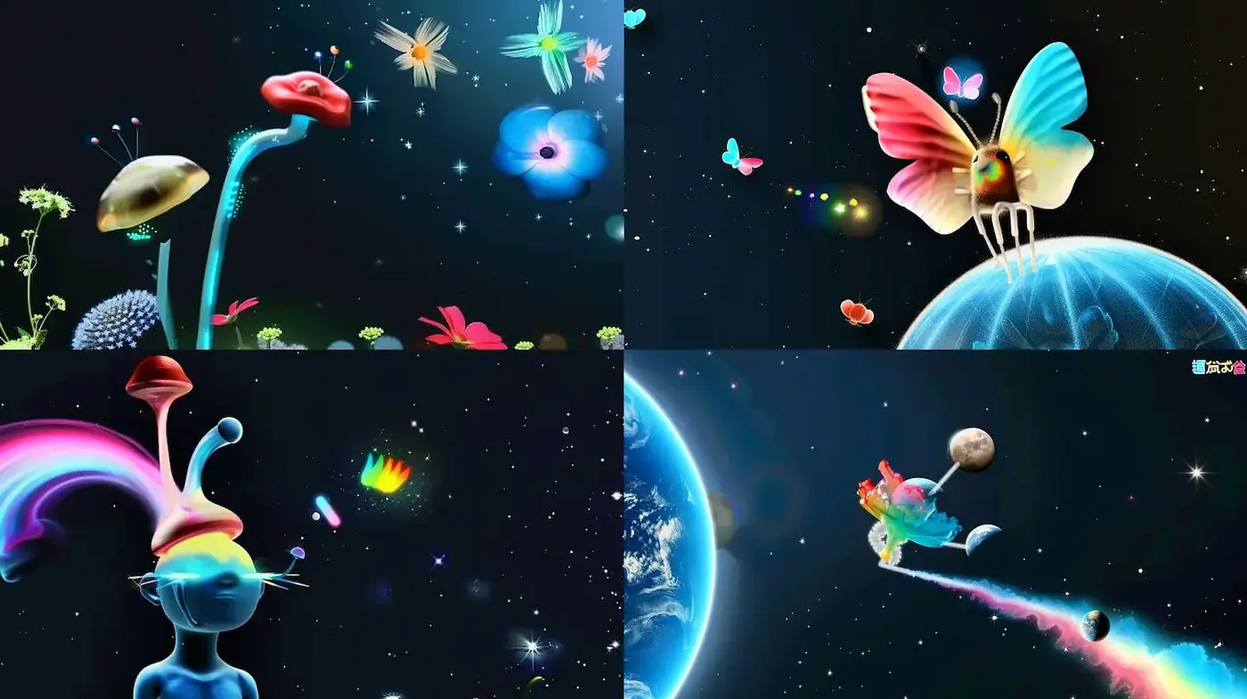 Vibrant and Whimsical Cosmic Fantasy in Rendered Imagery - Midjourney sref style