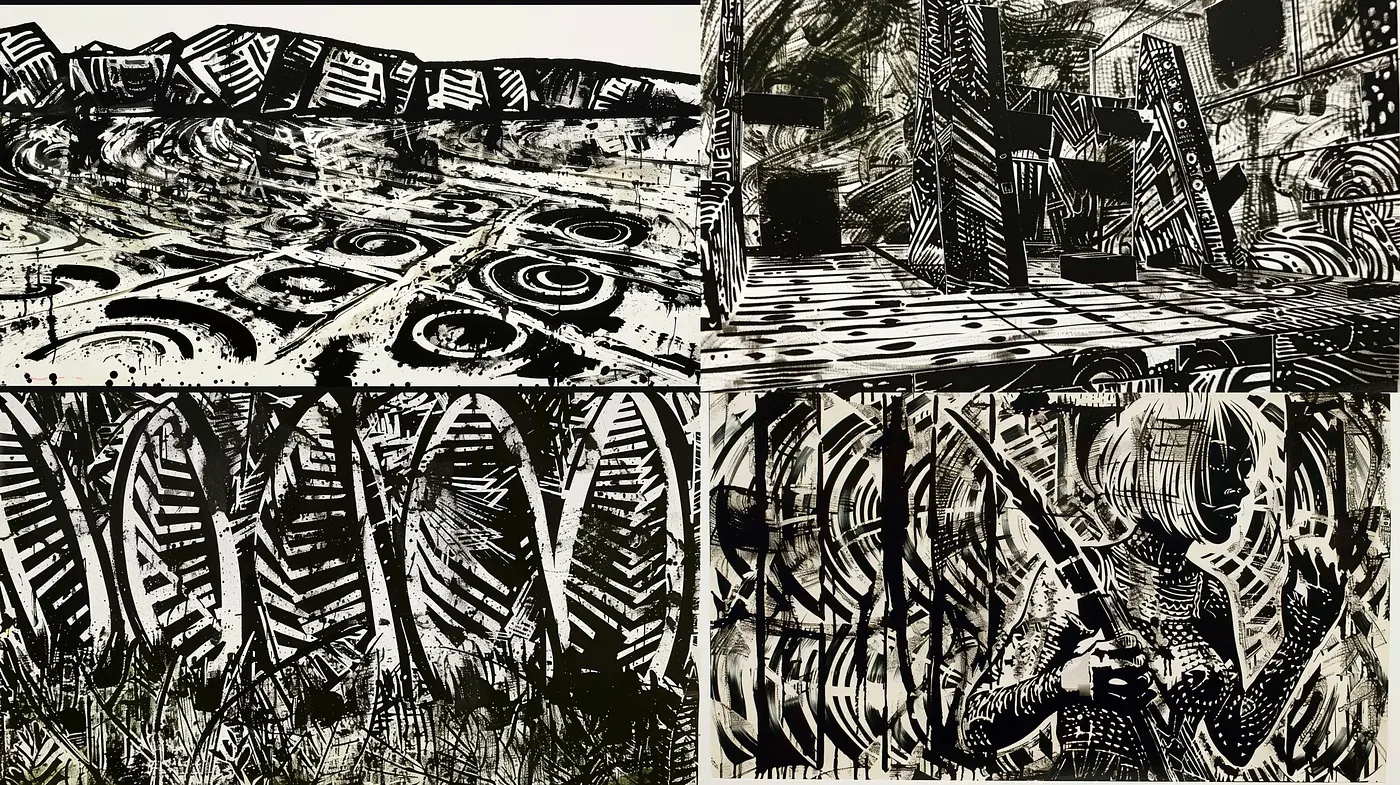 Monochrome Expressive Linework Inspirations - Midjourney sref style