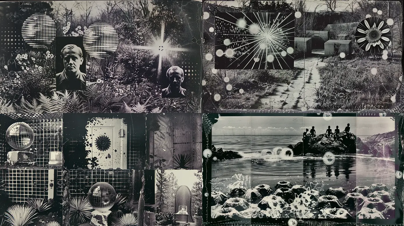 Monochromatic Retro-Futuristic Collage with Homogeneous Textural Harmony - Midjourney sref style