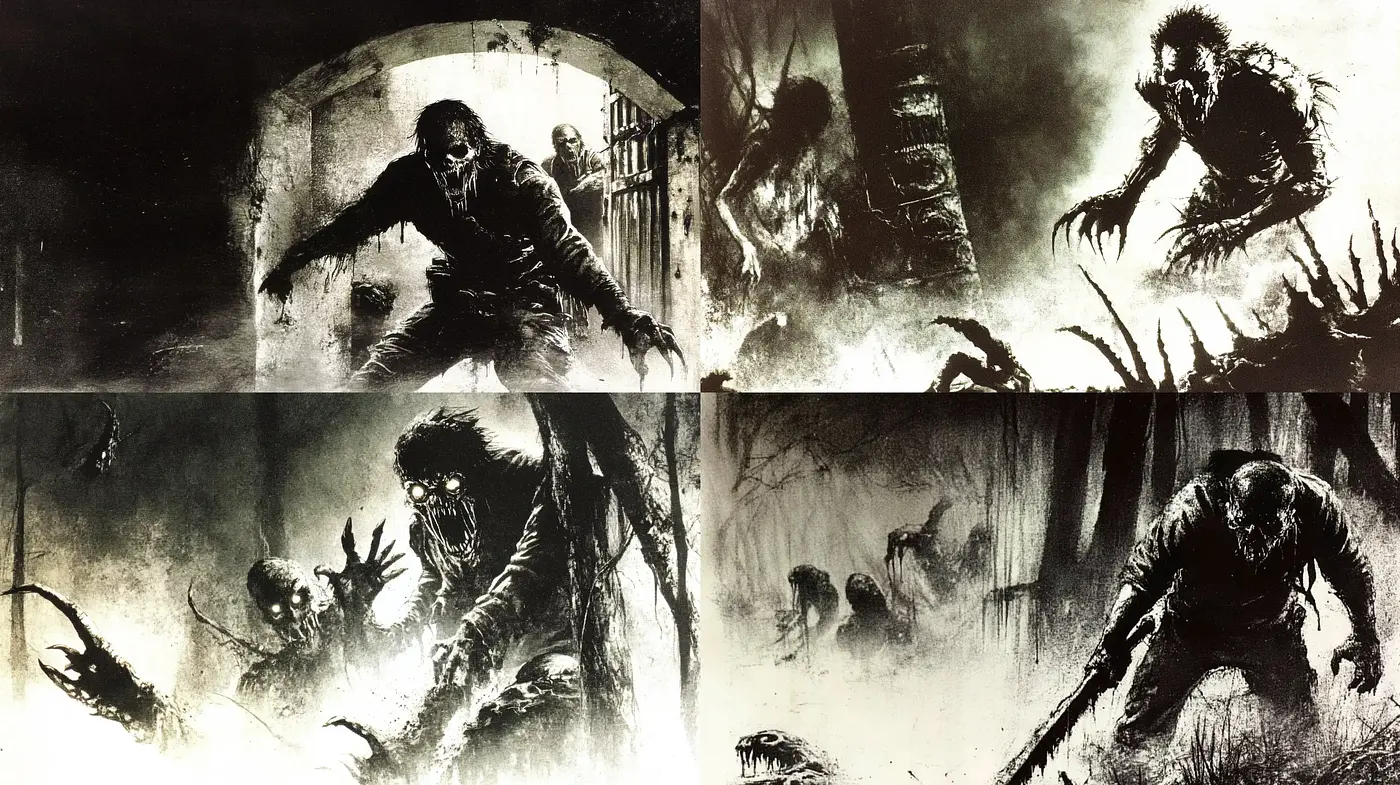 Gothic Horror Resurgence in Monochromatic Ink Wash - Midjourney sref style