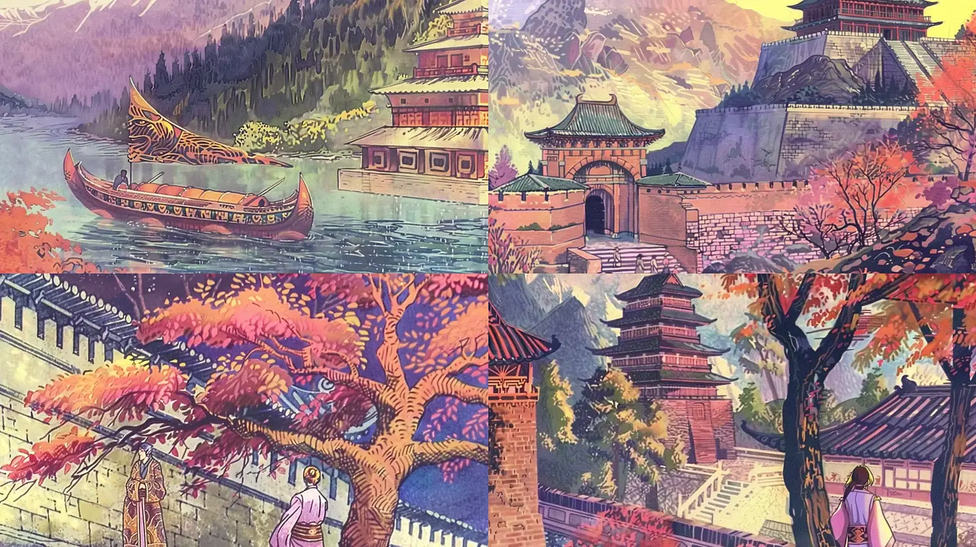 Ethereal Eastern Landscape: An Idyllic Fusion of Traditional Ink Wash and Vibrant Hues - Midjourney sref style