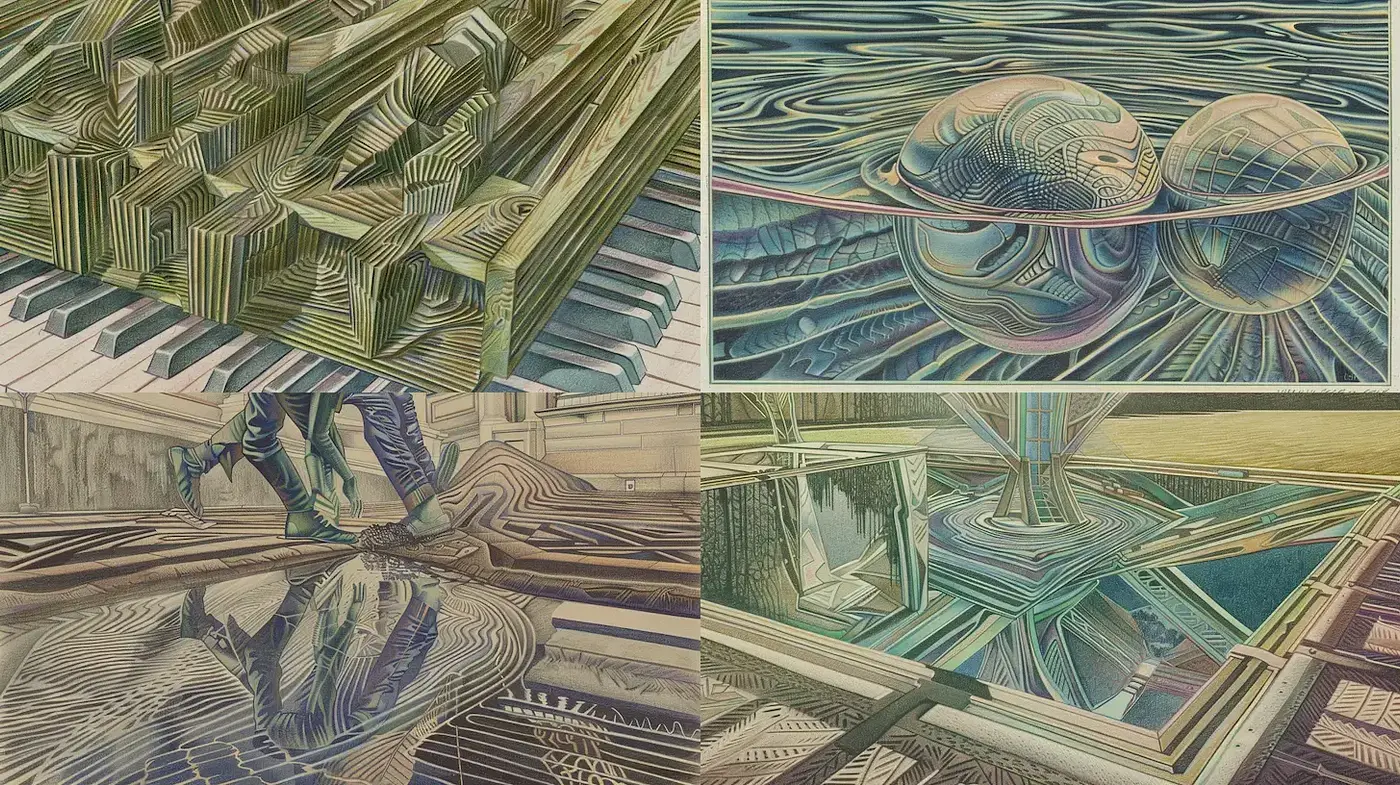 Intricate Textured Surrealism with Reflective Elements - Midjourney sref style