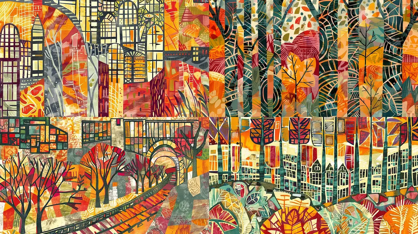 Vibrant, geometric landscapes with a whimsical and abstract nature-inspired composition - Midjourney sref style