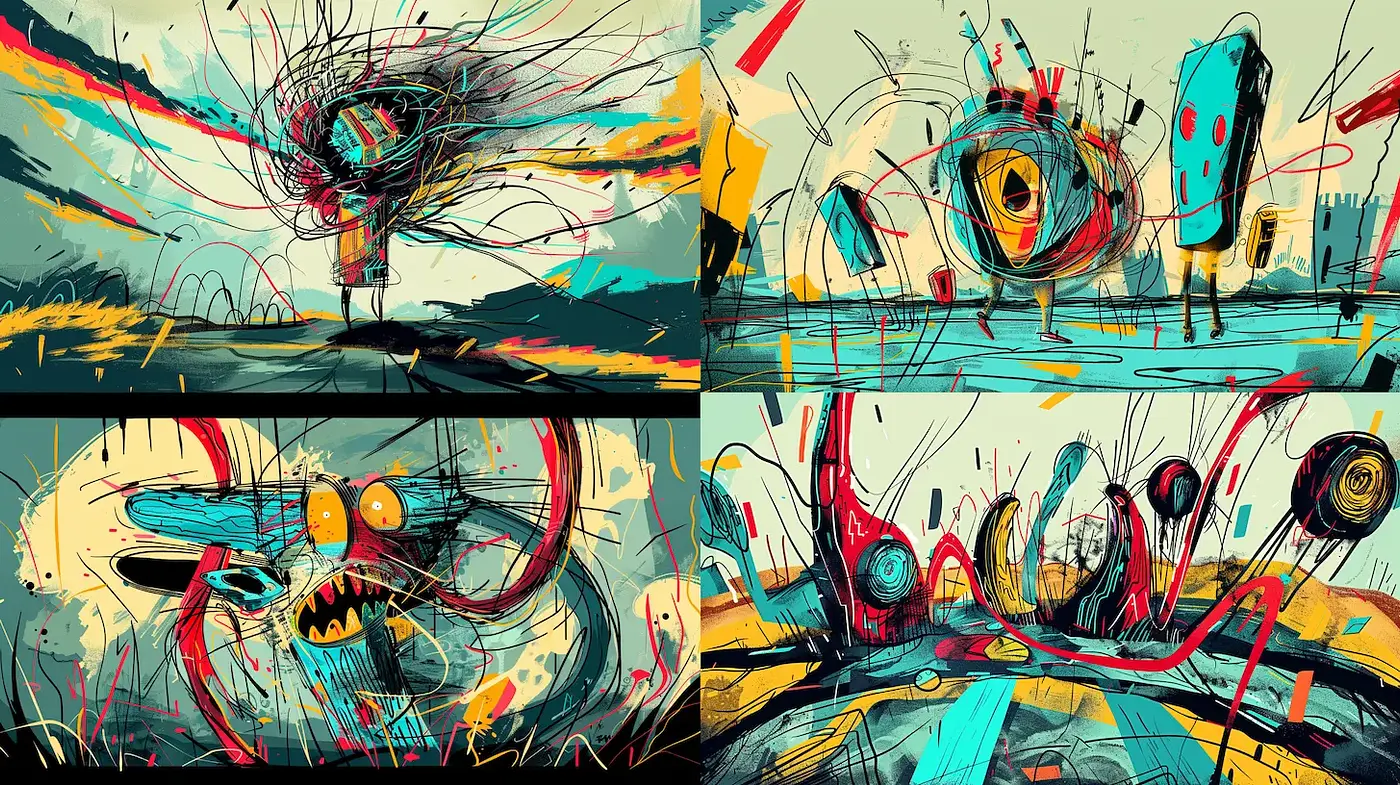 Dynamic and Chaotic Abstract Expressionism with Vibrant Colors and Whimsical Characters - Midjourney sref style