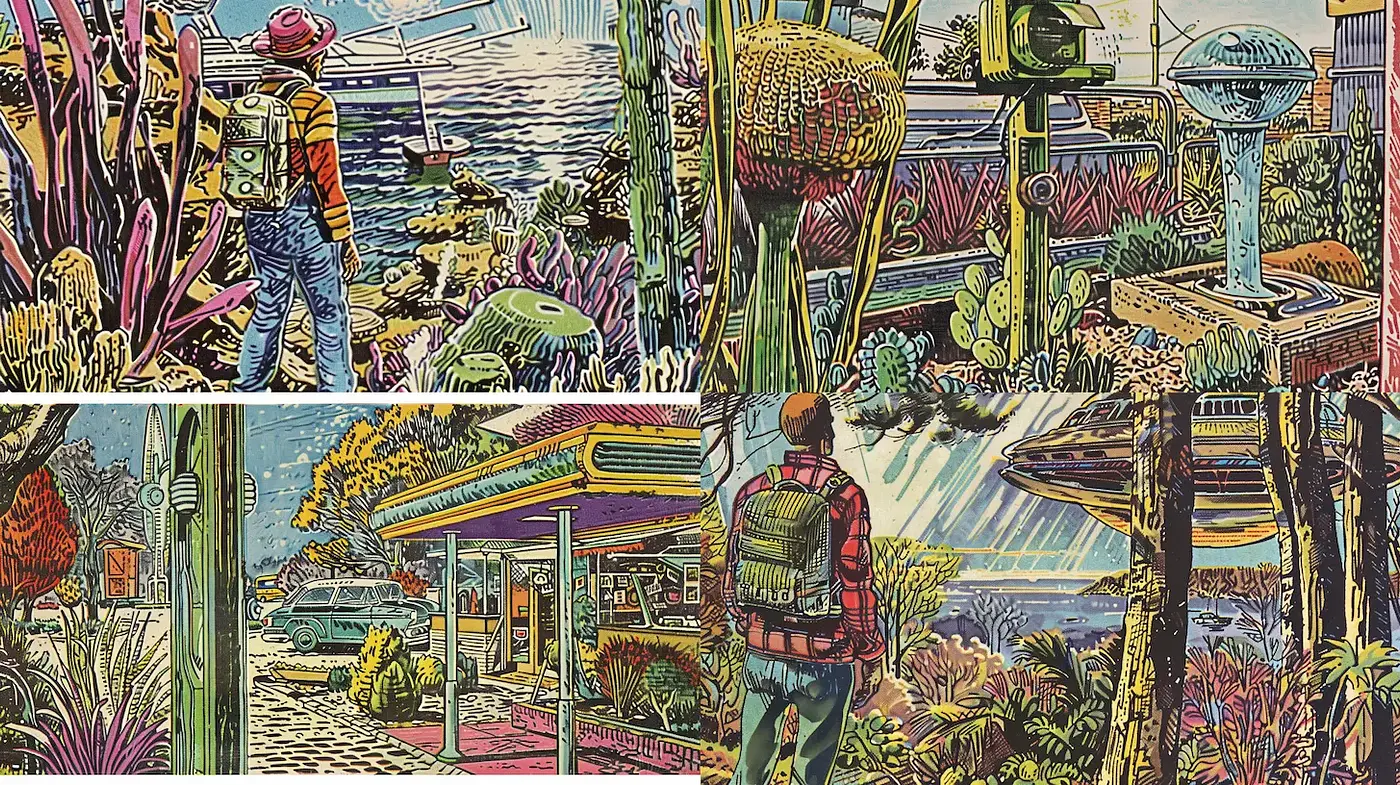 Colorful Retro Futuristic Landscapes with a Whimsical Touch - Midjourney sref style
