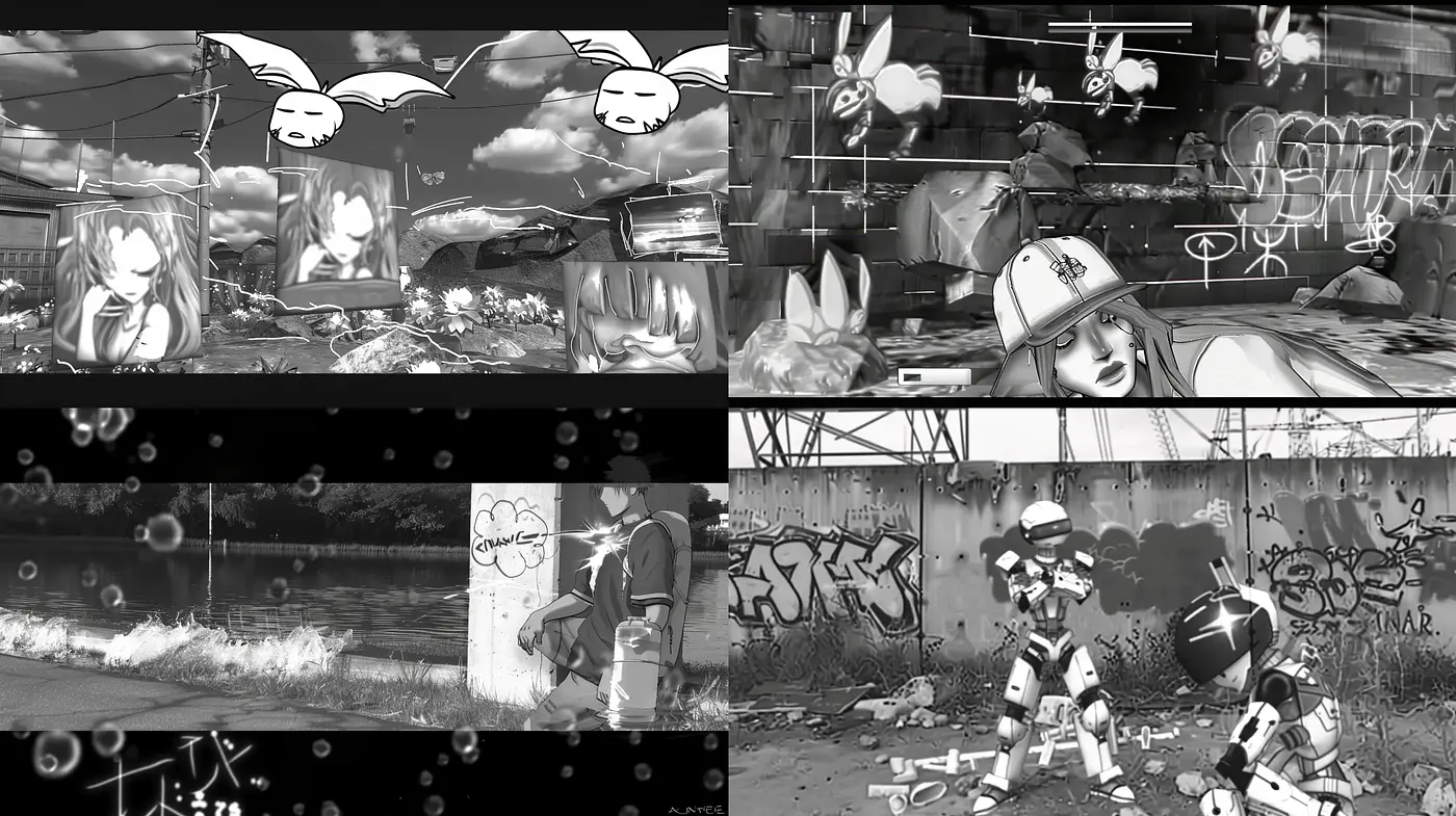Monochromatic Urban Dreamscape with Stylized Cartoon Elements - Midjourney sref style