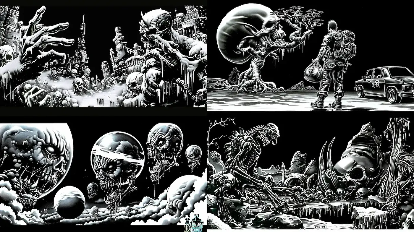 Exploration of Monochrome Dystopia with Surreal Elements - Midjourney sref style