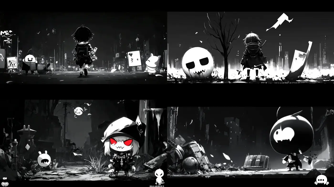 Monochrome Dreamscape of Stylized Whimsy - Midjourney sref style