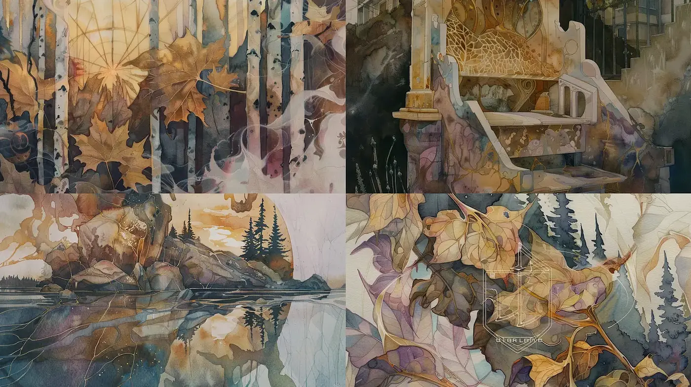 Nature-inspired watercolor compositions with organic textures and serene atmospheres - Midjourney sref style