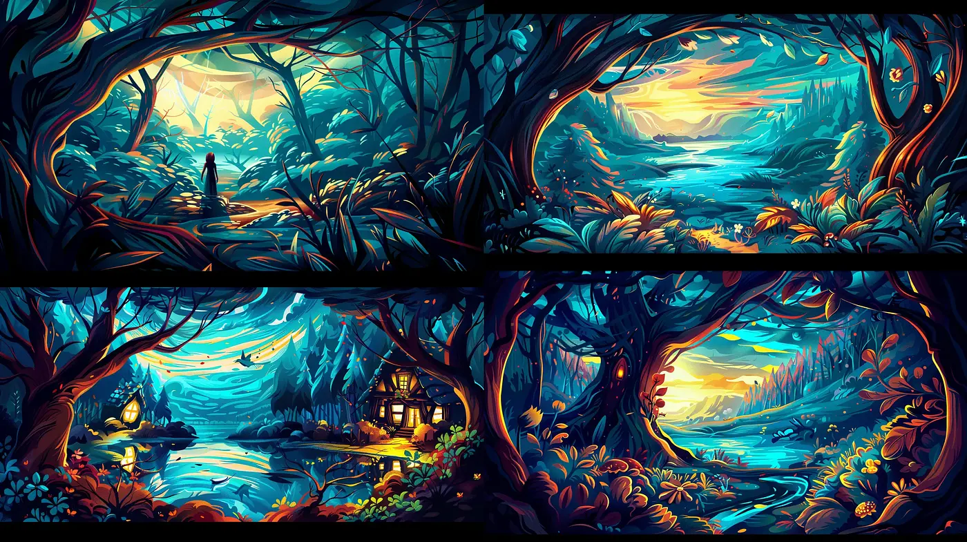 Enchanted Twilight Forest Scenes with Lush Hues and Stylized Details - Midjourney sref style