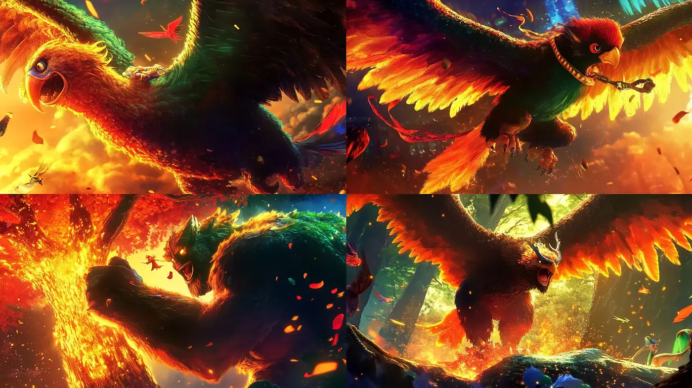 Fiery Dynamic Mythical Avian Artistry - Midjourney sref style