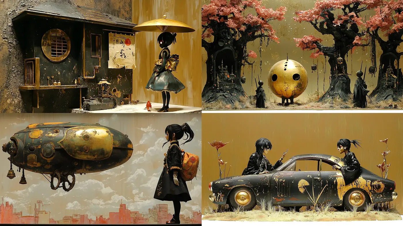 Dystopian Steampunk Dreamscapes with Surrealist Overtones - Midjourney sref style