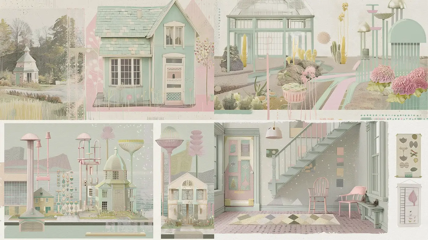 Pastel Dreamscapes with a Hint of Nostalgic Storybook Charm - Midjourney sref style