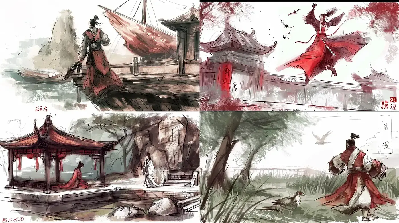 Elegant Red and Inked Serenity with East Asian Influence - Midjourney sref style