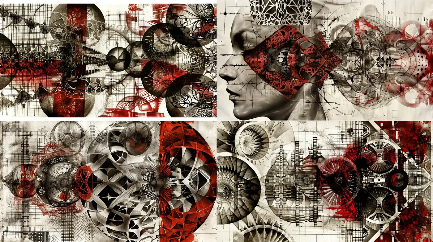 Monochrome Mosaic with Crimson Accents and Geometric Complexity - Midjourney sref style