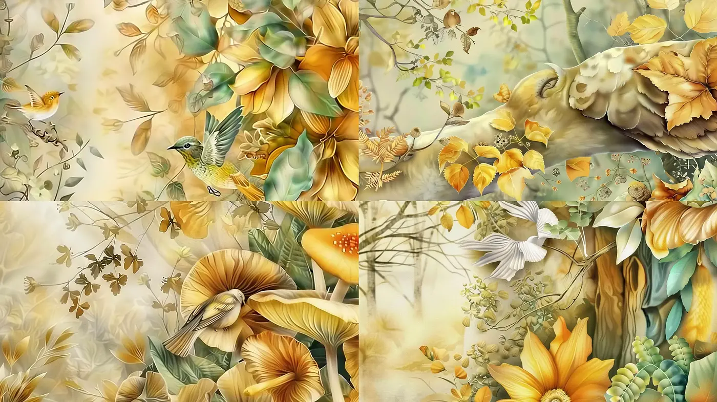 Ethereal Botanical Symphony with Soft Golden Hues - Midjourney sref style