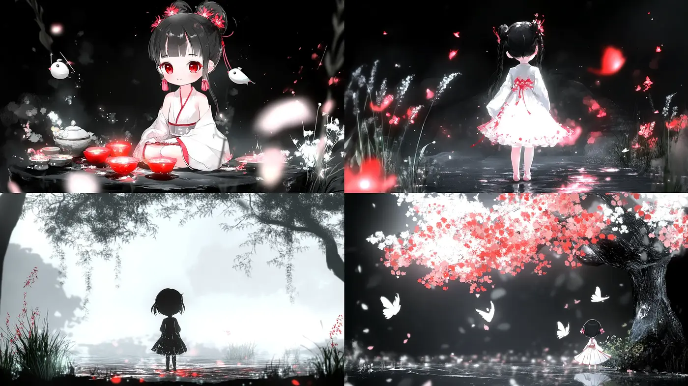 Ethereal Monochrome with Surreal Crimson Petal Deluge - Midjourney sref style