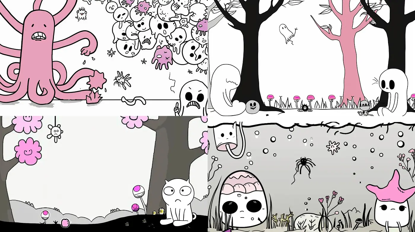 Surreal Whimsy in Monochrome and Pastel - Midjourney sref style