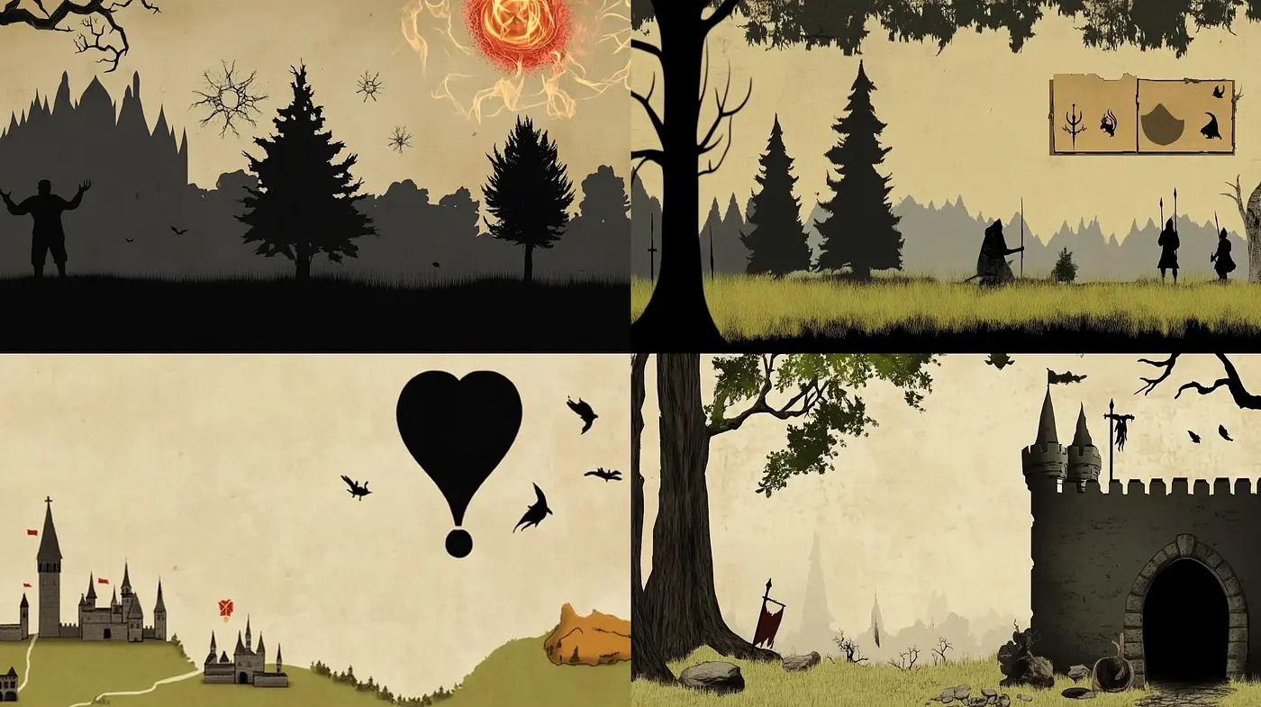 Silhouetted Tales of Enchanting Storybook Landscapes - Midjourney sref style
