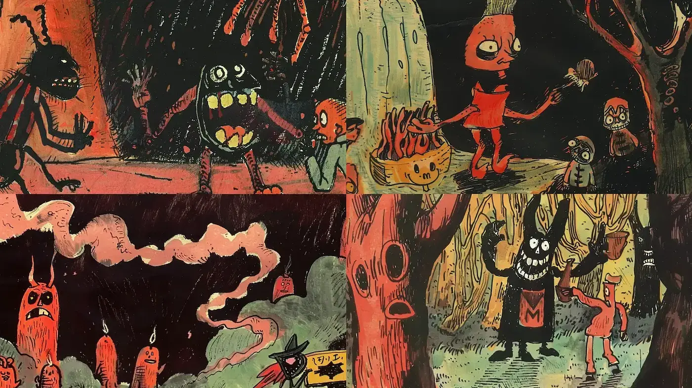 Whimsical and Eerie Illustrated Style with a Distinctive Palette - Midjourney sref style