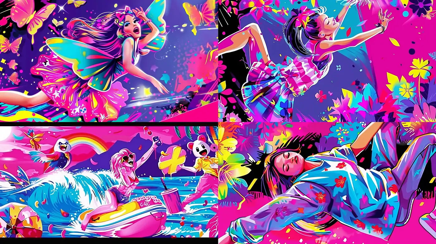 Psychedelic Pop Surrealism with Vibrant Floral Overtones - Midjourney sref style