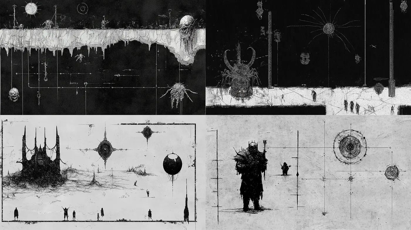 Monochromatic Surrealist Dreamscape - Midjourney sref style