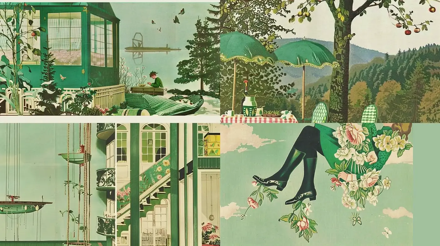 Pastoral and Serene Mid-Century Illustrative Essence - Midjourney sref style