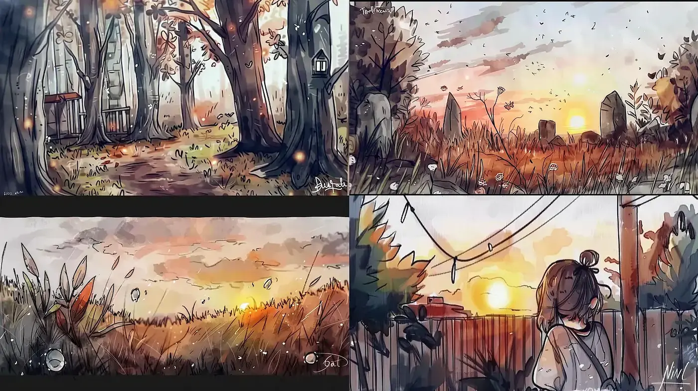 Ethereal Sunset Landscapes with Whimsical Touches - Midjourney sref style