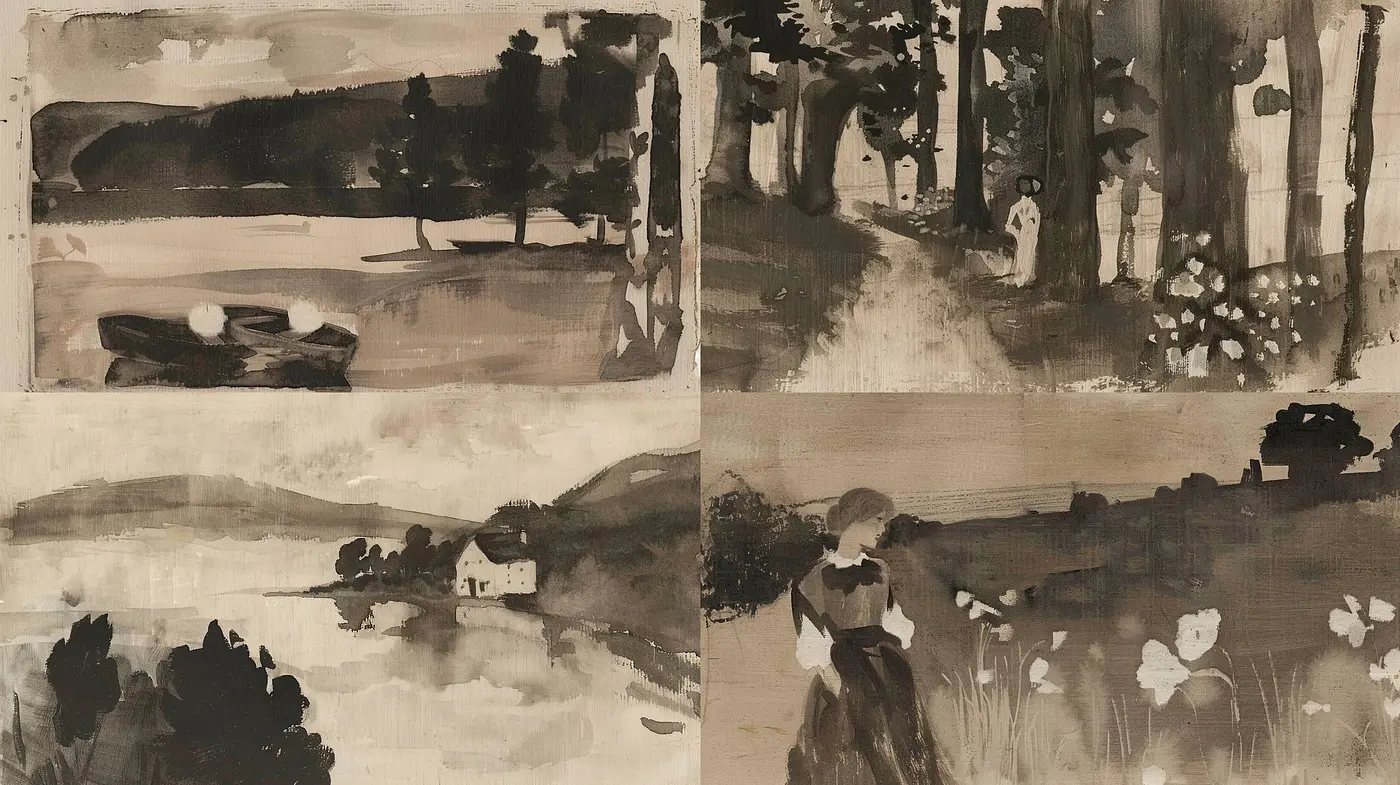 Monochrome Whisperings of Serenity: An Ode to Nostalgic Landscapes in Sepia Tones - Midjourney sref style