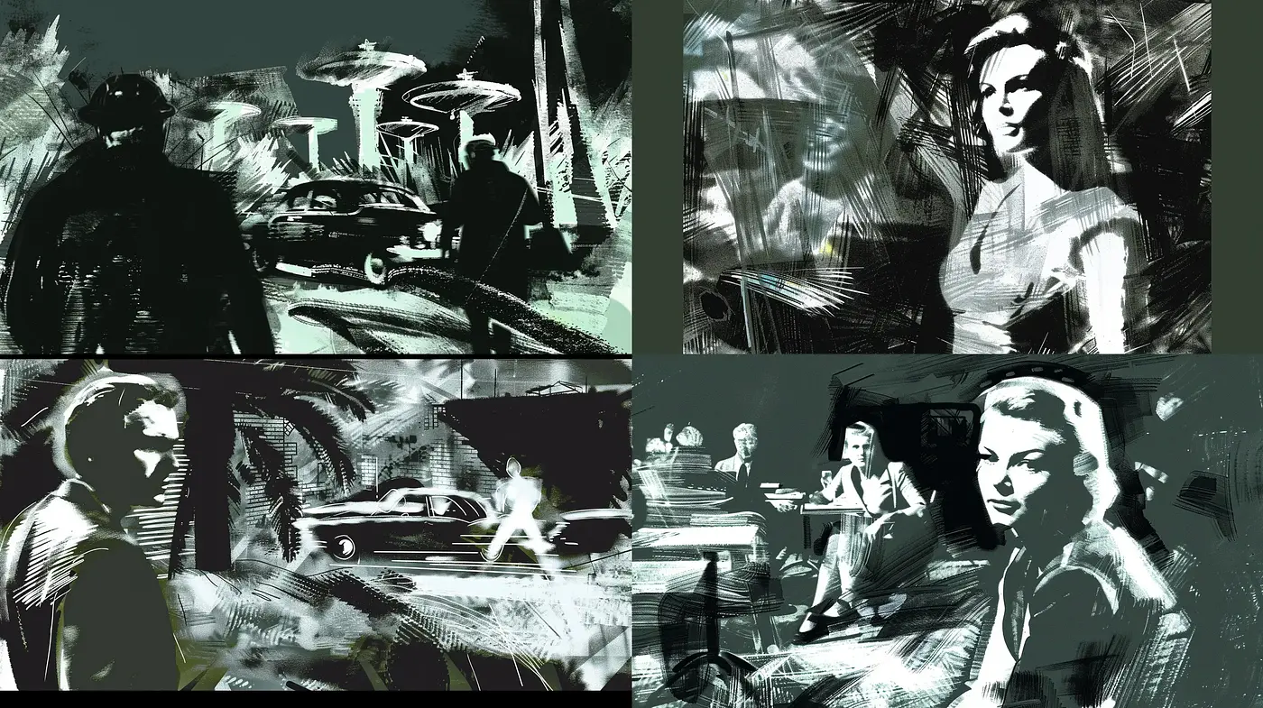 Noir-Inspired Monochromatic Sketches with a Neo-Vintage Essence - Midjourney sref style