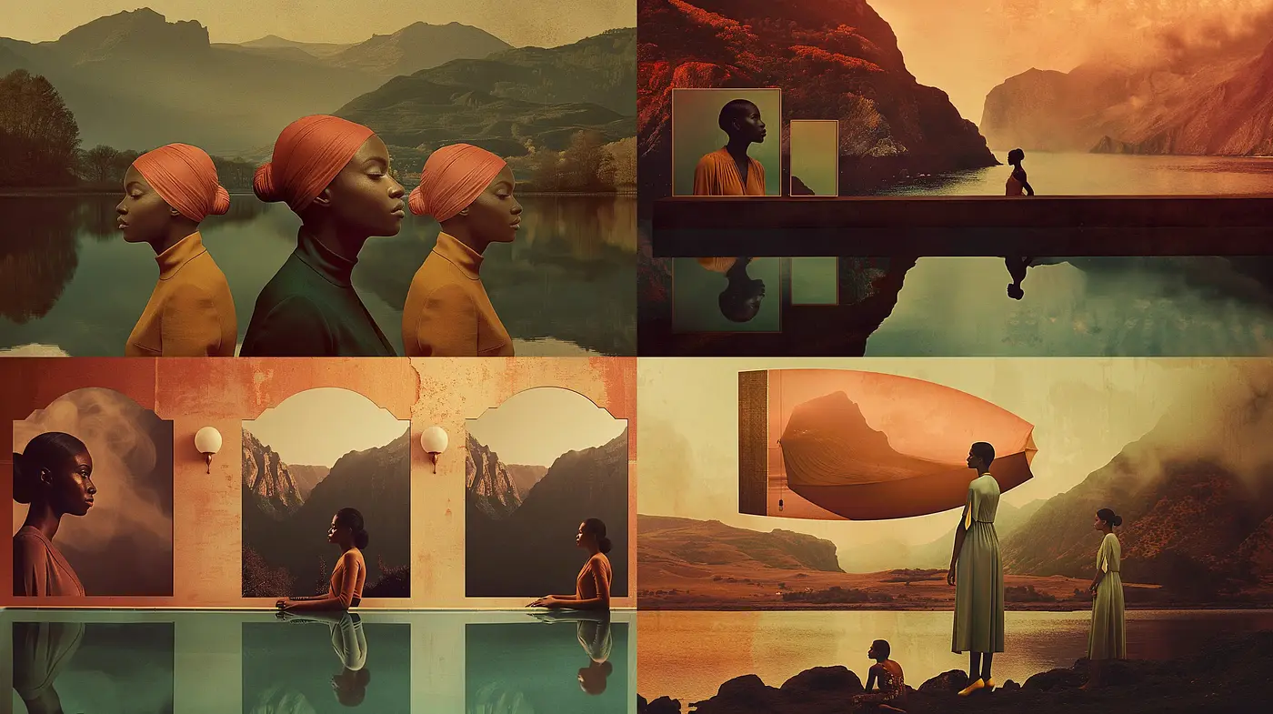 Serene Symmetry: A Dreamlike Tableau with Warm Earth Tones and Consistent Compositions - Midjourney sref style