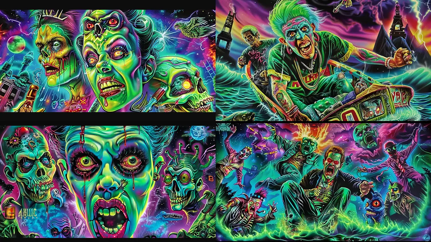 Psychedelic Horror Extravaganza: A Vivid Nightmare in Neon - Midjourney sref style