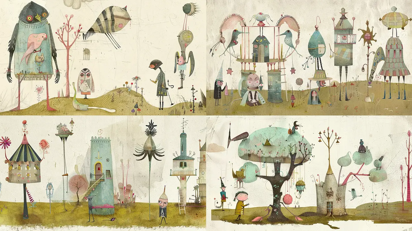 Whimsical Storybook Illustration Ensemble - Midjourney sref style