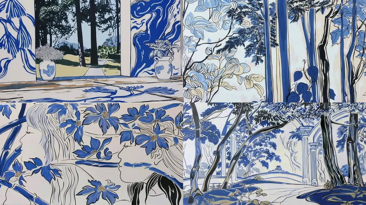 Stylized Nature in Blue Tones: A Homage to Art Nouveau Flourishes - Midjourney sref style