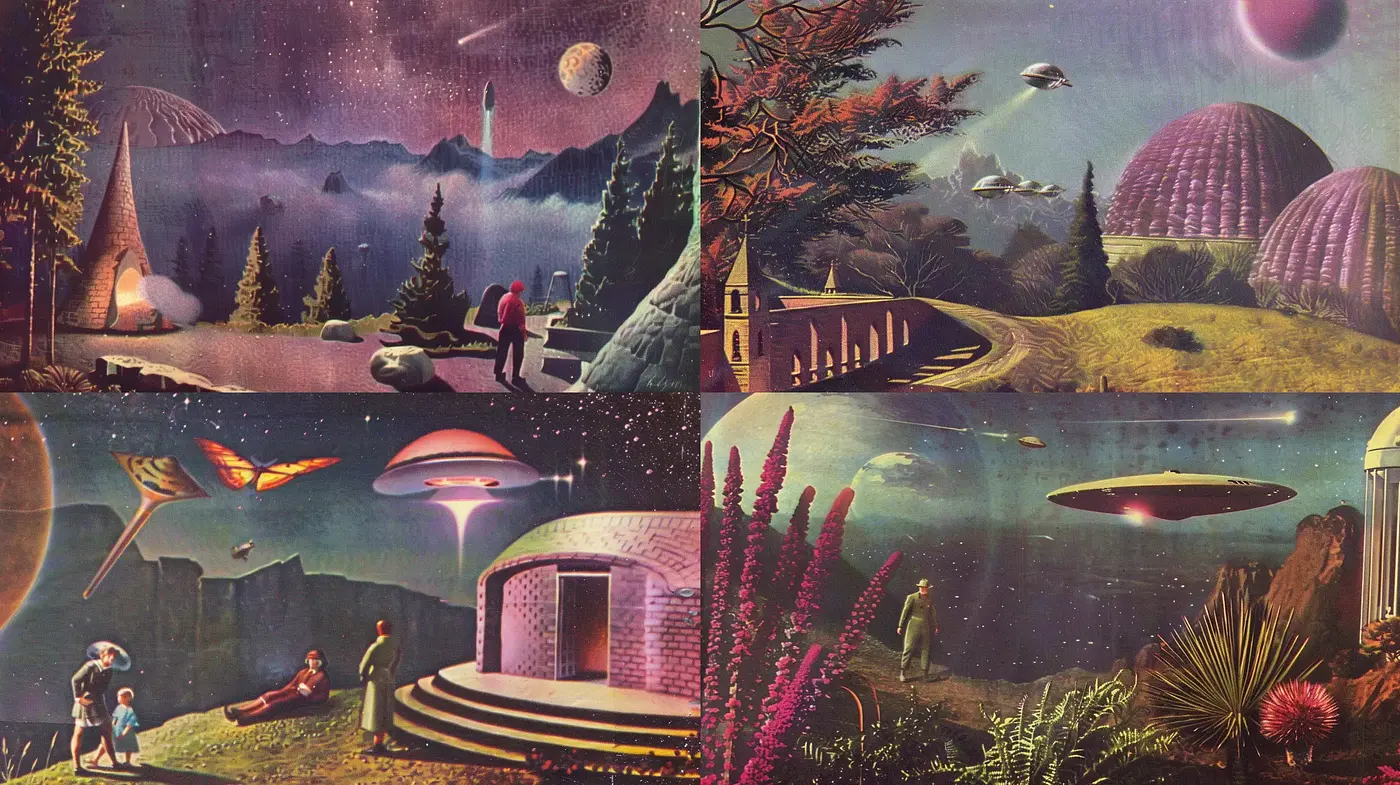 Retrofuturistic Dreamscape with Surrealist Undertones - Midjourney sref style