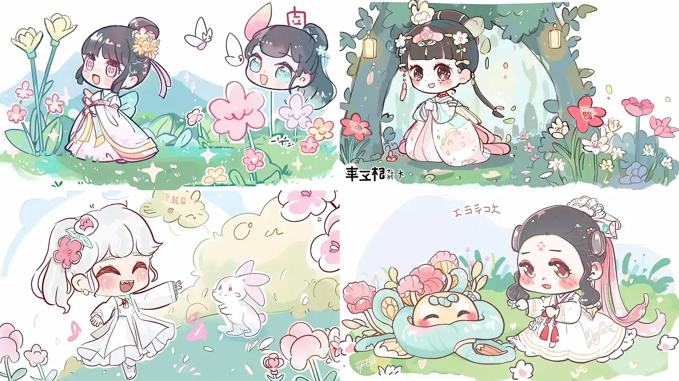 Charming Whimsical Illustrations in Pastel Tones with Floral Motifs - Midjourney sref style