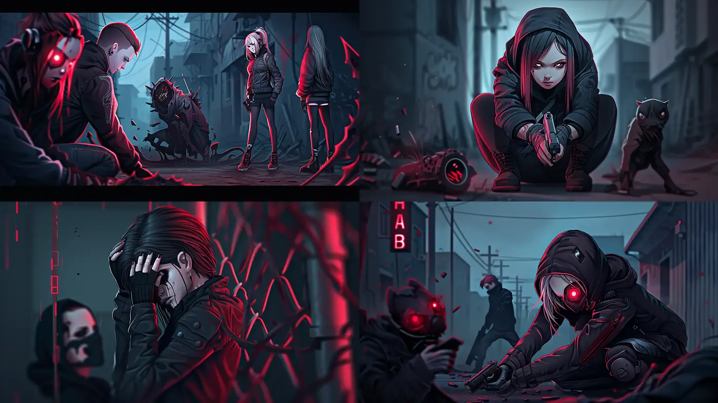 Cyberpunk Red and Blue: A Neon-Noir Artistic Encounter - Midjourney sref style