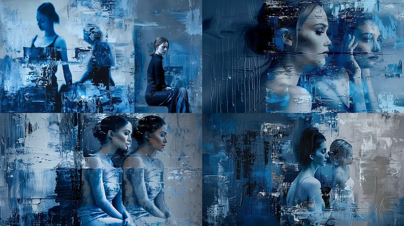 Ethereal Blue Visual Symphony: Textured Abstraction in Portraiture - Midjourney sref style