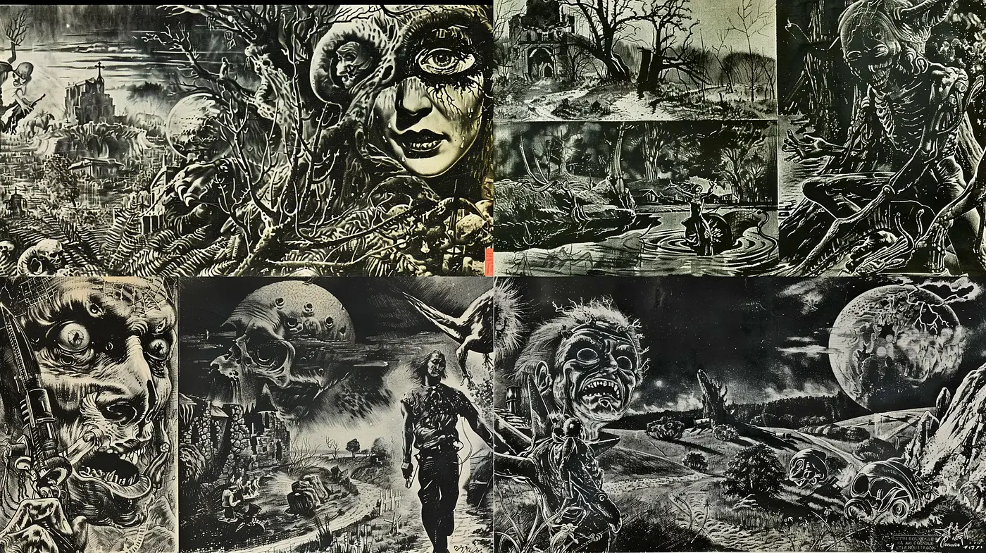 Nocturnal Hues of Macabre Tales: A Haunting Graphic Novel Style - Midjourney sref style